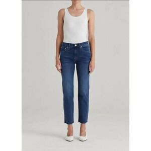 Edwin Bree Straight Mid Rise Jeans Deja Blue Dark Wash Ankle Crop Raw Hem Sz 25